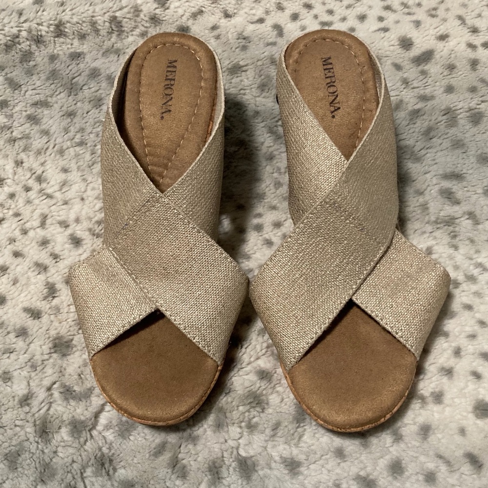 Gold Cork Wedge Sandals - Picture 2 of 10